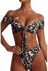 Female 2-piece bandeau bikini set with off-shoulders, high waist cut and leopard prints marketed by PRETTYGARDEN, best bikini set for plus size hips and thighs