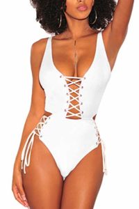 A high-waist women's one-piece swimming costume with deep v-neck, cut out and lace up from Qinsen, one of the best swimsuit for big thighs