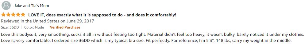A verified customer's review on Amazon for Miraclesuit Extra Firm Control Women's Comfort Leg Bodysuit