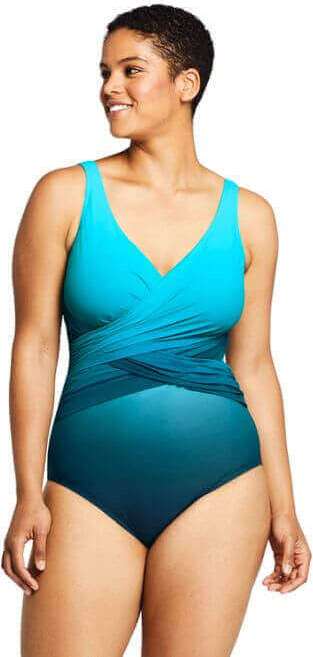 Lands' End Women's Plus Size Slender Wrap One Piece Swimsuit with Tummy Control. One of the best plus size swimsuits for someone wondering how many swimsuits should you own?