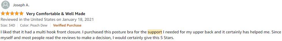 A customer's review on Amazon for DELIMIRA Women's Full Coverage Front Closure Wire Free Best Back Support Posture Bra