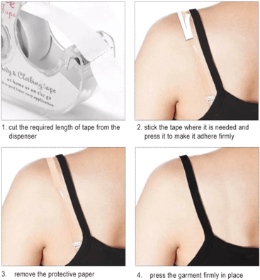 A pictorial guide on how to use double sided tape on bra straps. How to hide bra straps with spaghetti straps