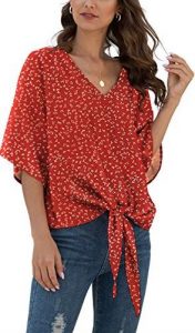 Here is how to hide C-section pooch: get this VIISHOW Womens Floral Tie Front Chiffon Blouses V Neck Batwing Short Sleeve Summer Tops Shirts