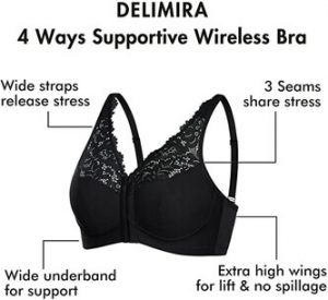 The 4 ways supportive system (wide underband, wide straps, 3 seams, and extra high wings) of the DELIMIRA Women's Full Coverage Wirefree Lace Plus Size Front Closure Racerback Bra