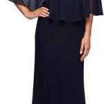 Alex Evenings Long Chiffon Cold-Shoulder Popover Dress. One of the priciest formal dresses that hide belly bulge