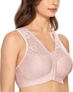 DELIMIRA Women's Full Coverage Wirefree Lace Plus Size Front Closure Racerback Bra. This is one of the best front closing bras no underwire, one of the best racerback bras for large breasts