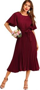 Milumia Women's Elegant Belted Pleated Flounce Sleeve Long Dress for hiding tummy fat