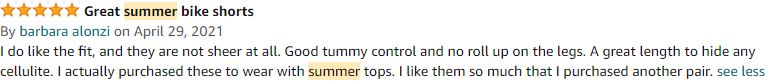 A customer's comment on Amazon for TYUIO High Waisted Yoga Shorts for Women Tummy Control Workout, Running, Biker Shorts