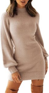 EXLURA Women's Smockneck Puff Long Sleeve Bodycon Pullover Cute Mini Sweater Dress