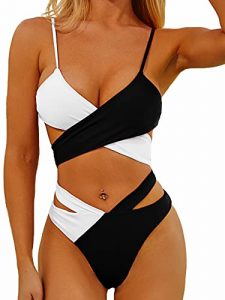 Lilosy Sexy Wrap Cut-out Color Block 2-Piece Bikini Swimsuit Set for Ladies. One of the Best Bikinis for Hip Dips, best bathing suits for hip dips, best bathing suits for curvy women