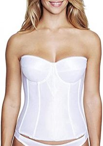 Dominique Tayler Lace Backless and Strapless Corselet Bridal Bra with Breathable Memory Foam Cups. One of the best strapless corset bras, best bra for off the shoulder wedding dress