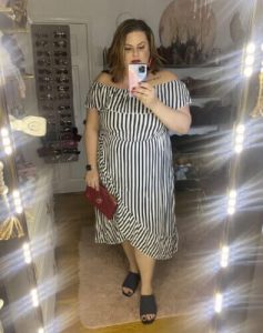 Wondering What To Wear If You Are Short And Chubby? Here is KIRUNDO Women's Casual Summer Striped Print Off -Shoulder Dress High Waist Split Ruffle Sleeveless Flowy Beach Long Maxi Dress with Vertical Stripes