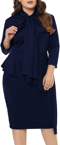 If you’re petite or of small height and chubby, consider this Navy blue LALAGEN Women's Plus Size Long Sleeve Peplum Tie Neck Bodycon Pencil Midi Dress. The dark color will give you a slimming effect.