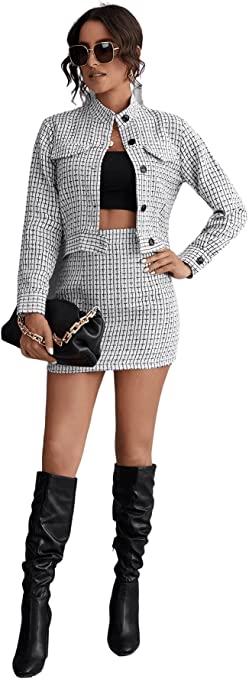 If you're wondering how to wear riding boots with skirts, or how to wear riding boots to work, here is a solution. SweatyRocks Women's Business Suit 2 Pieces Tweed Blazer Jacket Coat and Skirt Set matched with knee-high riding boots