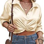 Zeagoo Women's V Neck Twist Hem Blouse Long Sleeve Crop Top Casual Button Shirts. One of the Best Tops for Pencil Skirts