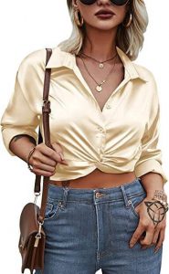 Zeagoo Women's V Neck Twist Hem Blouse Long Sleeve Crop Top Casual Button Shirts. One of the Best Tops for tight skirts, jeans, and pants