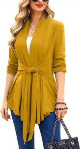 ACEVOG Lightweight Draped Cardigan for Women Open Front & Sash Tie 2 Ways Sweater Long Sleeve Wrap Duster. A mustard cardigan is good for matching with burgundy pants during Spring or Summer
