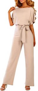 A lady wearing the Happy Sailed Women's Casual Loose Short Sleeve Belted Wide Leg Pant Romper Jumpsuit