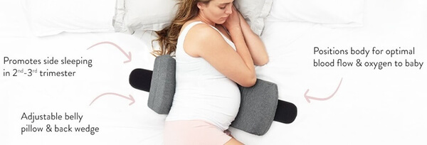 The Belly Bandit - S.O.S. Sleep on Side Maternity Pillow features a belly pillow and back wedge for supporting the back and the baby bump when a pregnant woman is sleeping