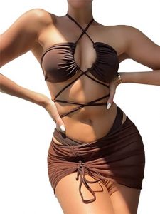 MakeMeChic Women's 3 packs Crisscross Halter Bikini Swimsuit and Drawstring Beach Skirt. A sexy bikini and beach skirt set for flattering a shapely body