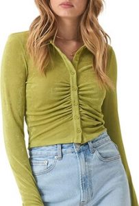 SAFRISIOR Women's Sexy Y2K Ruched Ruffle Buttons Down Collar Long Sleeve Slim Fit Crop Top Tee Shirt Blouse. An earthy green color that complements burgundy pants