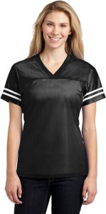 Sport-Tek Women's PosiCharge Replica Jersey. This is a football jersey that a woman can style fashionably by replacing the label
