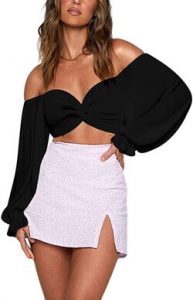 Avanova Women's Ruffle Long Sleeve Off Shoulder Tie Up Back Crop Top Blouse for partying