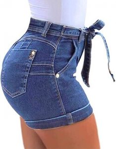Lailezou Women's High Waist Stretchy Folded Hem Belt Washed Summer Sexy Jean Shorts