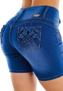 A lady wearing the Moda Express Butt Lifting Bermuda Shorts for Women - Levanta Cola Stretch Best Denim Biker Shorts, one of the very best jean shorts for tummy control