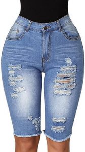 Roswear Best Women's Ripped Denim Destroyed Mid Rise Stretchy Bermuda Short Jeans