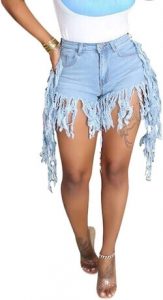 A woman wearing the SIAEAMRG Jean Shorts for Youthful Ladies, Summer High-Rise Stretchy Frayed Raw Hem Tassels Denim Shorts for controlling a tummy