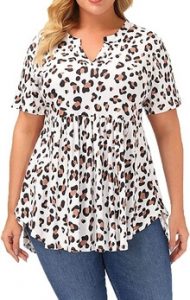 A lady modeling the ALLEGRACE Women's Plus Size Tunic Top, A Short Sleeve Flowy Tunic for Legging pants 