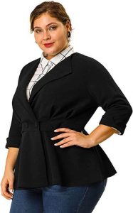 A plus-size lady modeling the Agnes Orinda Women's Plus Size Blazer, Ruffle V Neck Button Ruched Casual Peplum Blazer for flattering a plus size and chubby silhouette 
