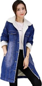 Flygo Women's Lapel Button Up Sherpa Fleece Lined Mid-Long Oversized Overcoat Denim Trucker Jacket, one of the cute outfits to wear to a football game