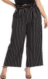 Hanna Nikole Women’s Plus Size High Waisted Palazzo Pants Belted Wide Leg Trousers with Pockets, best pants with vertical stripes for making a short chubby woman appear slimmer and taller