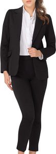 A female staffer modeling the Marycrafts Women's Business Blazer Pant Suit Set for the Workplace. An affordable plus size office attire for chubby ladies