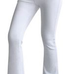 A female model wearing the Roswear Women's Wide-Leg Mid Waist Bell Bottom Stretchy Flare Denim Pants. A good pair of white jeans that don't show cellulite