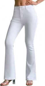 A female model wearing the Roswear Women's Wide-Leg Mid Waist Bell Bottom Stretchy Flare Denim Pants. A good pair of white jeans that don't show cellulite 