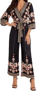 Verdusa Women's Floral High Waist Belted Wrap Wide Leg Jumpsuit, an excellent garment for balancing the top and bottom parts of a chubby woman