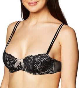 A woman modelling the b.tempt'd Women's Ciao Bella Balconette Bra, one of the best bras for wear under a square neckline top