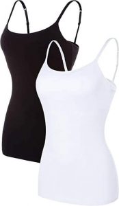 A lady wearing the ATTRACO Women's Cotton Camisole with Built-in Shelf Bra Spaghetti Straps, one of the best long tanks to wear with leggings