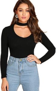Floerns Women's Sexy Tee Shirt with Choker Neck and Keyhole Cutout for a flattering look when paired with flared jeans