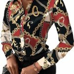 Lachmose Store Buchona Outfits for Women Collar Blouse Button Down Shirt with gold chain prints. A form fitting shirt that can be paired with bell bottoms