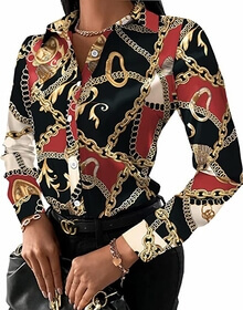 Lachmose Store Buchona Outfits for Women Collar Blouse Button Down Shirt with gold chain prints. A form fitting shirt that can be paired with bell bottoms