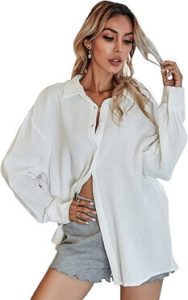 A lady styling the MakeMeChic Women's Oversized Button Down Shirt Collared Button Up Shirt Blouse 