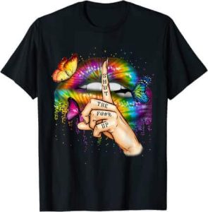 Wondering What Shirts to Wear With Bell Bottoms? One of the best is this Perry Ellis Hippie Tie Dye Trippy Colors Funny Women’s Groovy Lip T-Shirt. One of the best tops to wear with flare jeans.