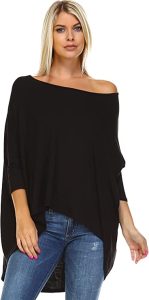 A beautiful model doning the Isaac Liev Women's 3/4 Sleeve Batwing Sleeve Off-Shoulder Tunic Top