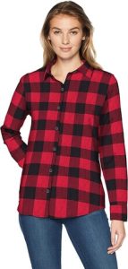 A lady modelling the Amazon Essentials Women's Classic-Fit Long-Sleeve Lightweight Plaid Flannel Shirt