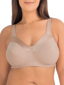 A woman modeling the Fruit of the Loom Women's Seamed Soft Cup Wirefree Bra