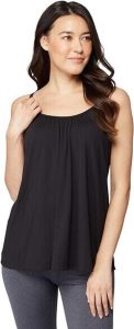 A lady showcasing the 32 DEGREES Cool Women's Shirred Flowy Cami with Built-in Brassiere Cups